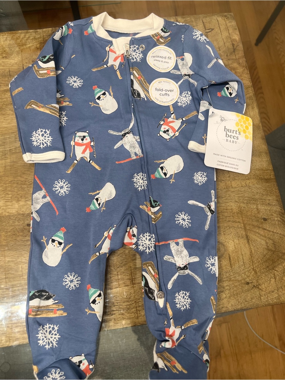 Burt's Bees Baby Blue Snowman Ski Print Footed One-Piece pajamas